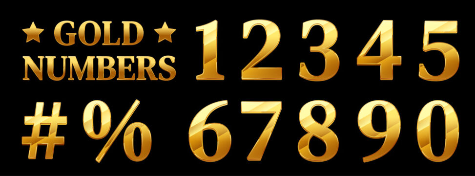 Shiny gold 3D numbers and symbols on a black background