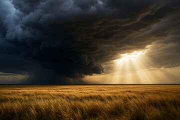 Dramatic sunlight piercing storm clouds over golden grassland at sunset, highlighting contrast between light and dark in wild nature scene. Ai generative