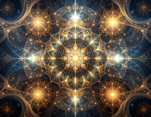 Symmetrical and intricate design with radiating light and patterns resembling celestial bodies. Warm gold and cool blue tones