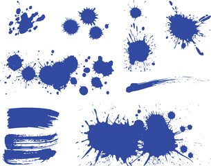 Collection of Blue Ink Splatters and Brush Strokes on White Background
