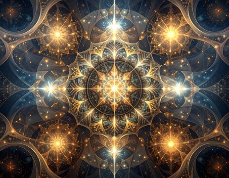 Symmetrical and intricate design with radiating light and patterns resembling celestial bodies. Warm gold and cool blue tones