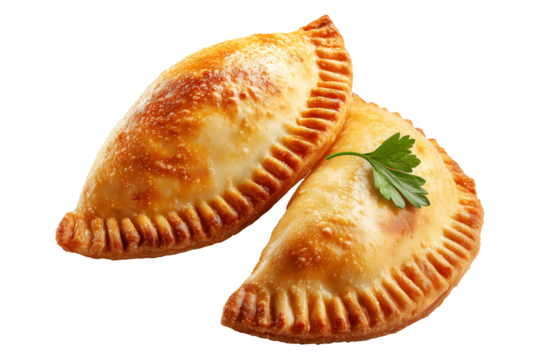 Argentina and Uruguay empanadas stacked in a pyramid, golden baked crust, meat and potato filling, isolated on white transparent background, concept of traditional South American Cuisine