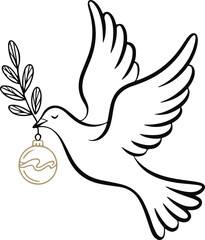 Elegant dove carrying golden Christmas ornament and olive branch, minimal line art on white background, symbol of peace and joy, modern holiday design.
