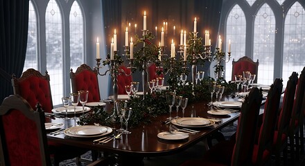 Elegantly set holiday dinner table with candles