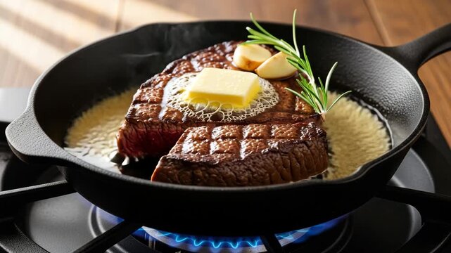Juicy steak searing in cast iron pan with melting butter garlic and rosemary on gas stove blue