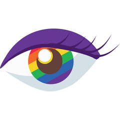 Close Up Of A Stylized Eye Iris With Rainbow Colors And Purple Eyelids Against A Transparent Background symbolizing diversity and inclusion