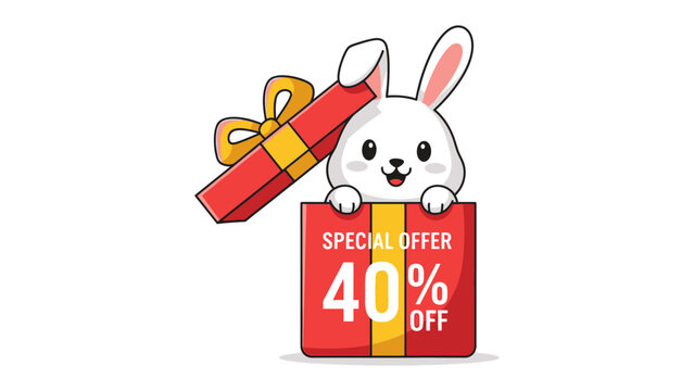A Special Offer: Animated illustration of a cute bunny, emerging from a vibrant gift box, representing a special 40% discount, designed for promotions and offers.