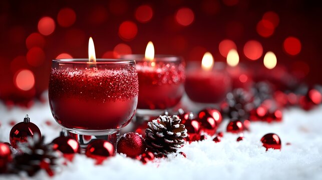 Red candles glow softly amidst sparkly ornaments and pinecones, setting a cozy scene for a winter celebration