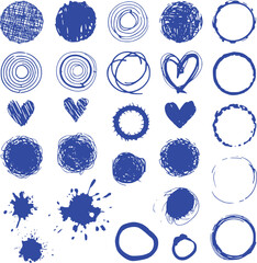Collection of Hand-Drawn Blue Circles, Hearts, and Splatters on White Background