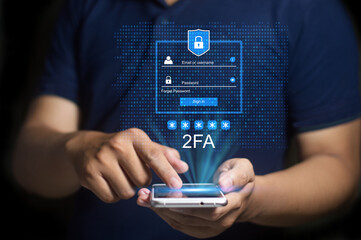 2FA (two-factor authentication) with OTP (one-time password), data protection icons, concept of secure login, cybersecurity, safety, identity verification, and online privacy
