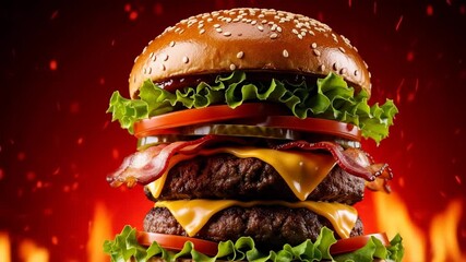 Double Patty Bacon Cheeseburger with Melted Cheddar Lettuce Tomato Pickles and Sesame Seed Bun on