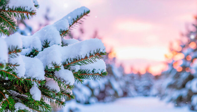 A close-up view of snow-covered pine branches against a soft, pink and orange sunset sky in a winter forest.