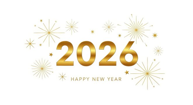 Golden 2026 Happy New Year text with fireworks on a white background.