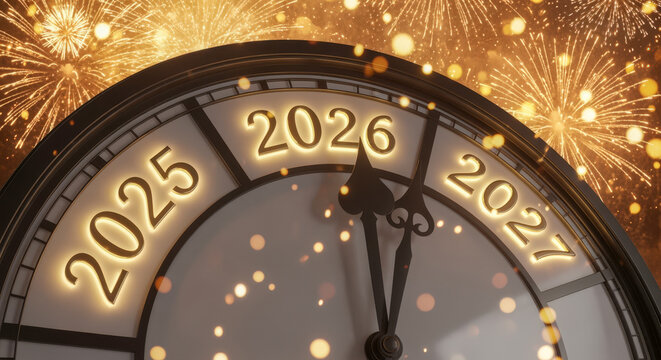 A clock face showing the transition from 2025 to 2026 with fireworks in the background, symbolizing the New Year.