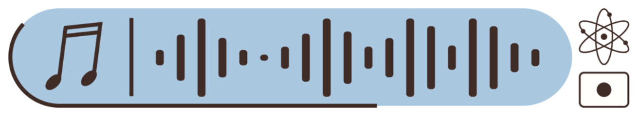 Music note, soundwave, atom, and recording button in flat design, representing music, sound, recording, science technology creativity and audio editing. Ideal for innovation simplicity and flat
