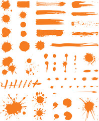 Collection of Orange Paint Splatters, Brush Strokes, and Ink Blots