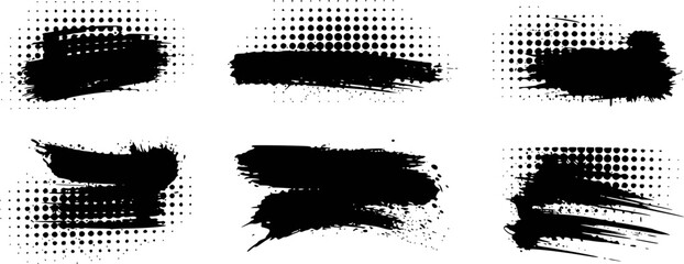 Collection of Six Black Grunge Brush Stroke and Halftone Dot Elements