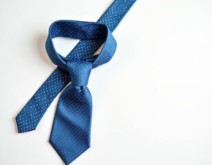 Blue necktie with white polka dots. Elegant business accessory arranged on white background. Ready for Father Day gift or business meeting needs.