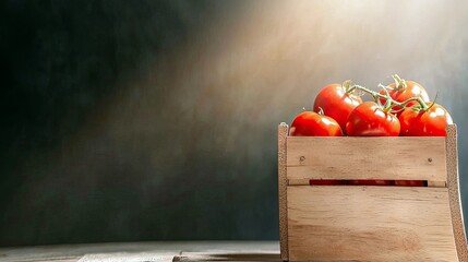 A wooden crate filled with ripe, red tomatoes rests on a surface, illuminated by a soft light against a dark, textured backdrop.