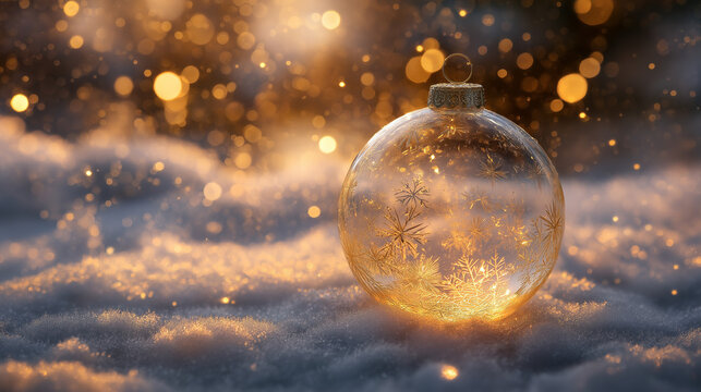 雪の上にオーナメントが乗っている