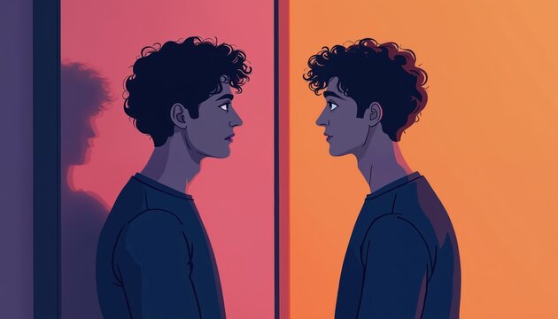 Man gazes at reflection, contemplating self image. Facing twin figure, duality, identity exploration. Split background colors, abstract concept art.