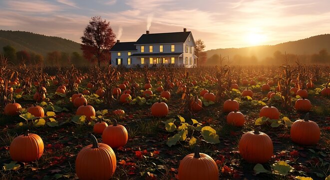 A peaceful farm scene with a field full of pumpkins, bright fall foliage, and a welcoming house glowing at sunset.