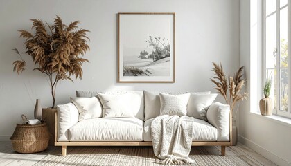 Fototapeta premium Neutral room sofa, pampas, art, light, clean