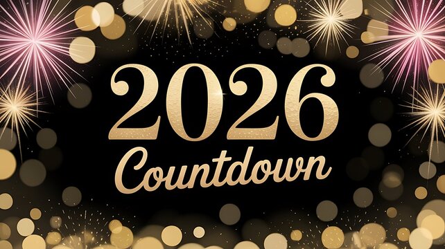 Countdown to 2026 celebration concept with golden text and firework on black background representing future anticipation