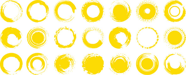 Collection of Yellow Brushstroke Circles and Suns on White Background