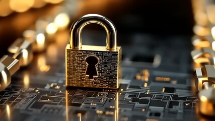 Golden padlock resting on a circuit board with chains, symbolizing security and technology - Powered by Adobe