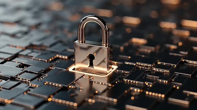 Metallic padlock on a digital circuit board, symbolizing cybersecurity and data protection - Powered by Adobe