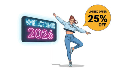 Embracing New Beginnings: A stylish woman strikes a pose, flanked by a neon sign welcoming the future and a promotional banner for a tempting discount.