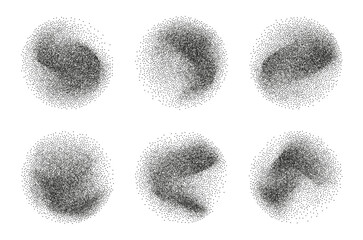 Set of dotted grain gradient circles. Abstract elements with rough noisy sand dotted texture. Vector gritty patterns with black particle for banner, poster, cover design. Elements with stipple effect.