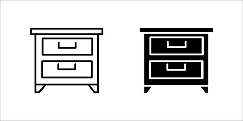 A minimalist black outline vector icon representing a nightstand, bedside table, or small storage drawer cabinet. The design features a square cabinet with two drawers and handles, standing on small l