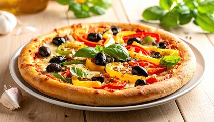Colorful veggie pizza on white plate, garlic and basil