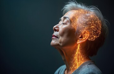 Elderly woman head glows with neural network effect representing brain function. Visualizing cognitive health aging and potential neurological conditions.