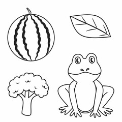 Fototapeta premium Black and white coloring illustration set of green color objects — frog, broccoli, leaf, and grass. Perfect for color learning worksheets and preschool printable coloring pages.
