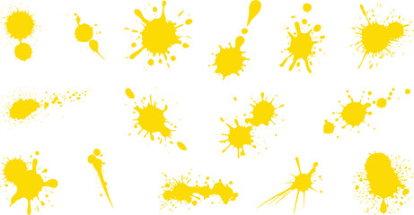 Collection of Yellow Paint Splatters and Splashes on White Background