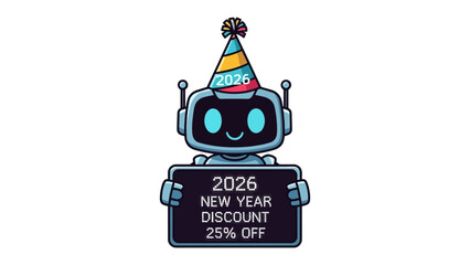 Robotic New Year Discount: A friendly robot heralds the new year, offering a discount, presenting a futuristic twist to holiday promotions.
