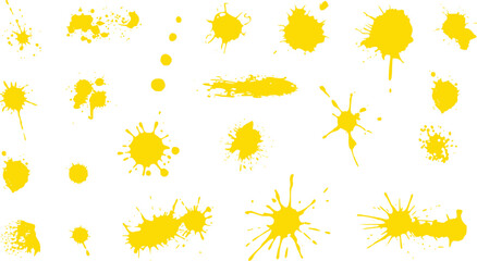 Collection of Yellow Paint Splatters and Splashes on White Background