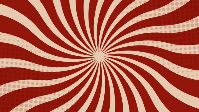 Animated Christmas red swirl background with retro sunburst pattern. Festive holiday abstract backdrop with vintage beige rays and polka dots. Perfect for greeting cards, posters, banners