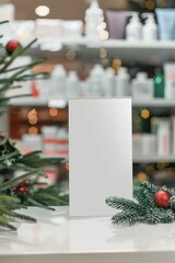 Christmas and new year festive mockup for holiday card or poster design. White poster, Christmas background. Template for pharmacy, drugstore, cosmetics store. Vertical banner. Copy space