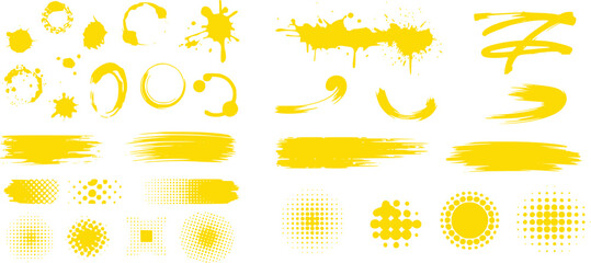 Collection of Yellow Paint Splatters, Brush Strokes, and Halftone Dots