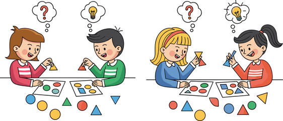 Happy children learning shapes, solving puzzles, developing thinking skills, educational activity illustration, teamwork and creativity for kids, classroom learning fun