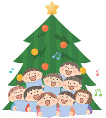 クリスマスツリーと合唱する子供達