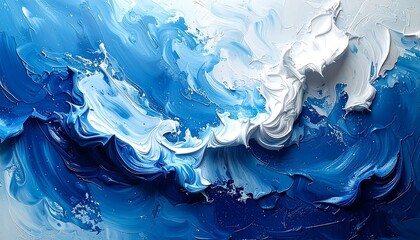 Textured, abstract art of stylized ocean waves rendered with heavy brushstrokes, blending shades of blue and white to evoke movement