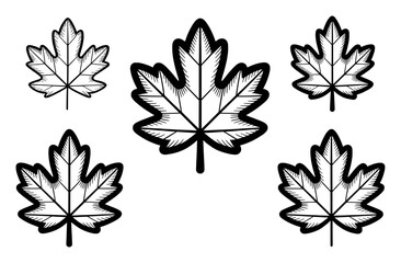 Five Stylized Maple Leaves in Black and White Outline