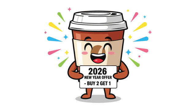 Cheerful Coffee Cup Promo: A vibrant coffee cup character gleefully presents a special Buy 2 Get 1 New Year offer for 2026, radiating happiness and anticipation for the new year.