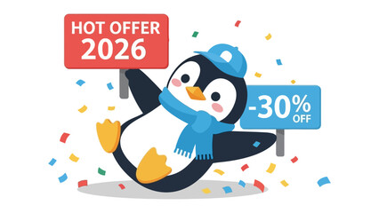 Hot Offer 2026: An Adorable Penguin Offers a Sale: An cute cartoon penguin gleefully presents a vibrant sale offering, embodying the joy of special offers and appealing promotions.