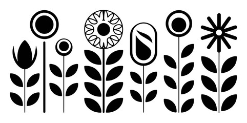 Minimalist Black and White Abstract Floral Illustrations with Simple Stems and Leaves